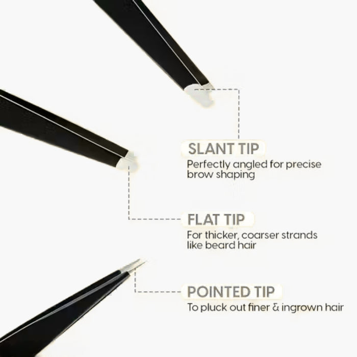 Visual guide showing slant, flat, and pointed tweezer tips – labeled for brow shaping, beard hair, and ingrown hair removal – 1600002596426 13958911