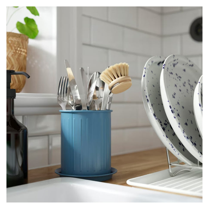 Ikea VÄLVÅRDAD Cutlery stand, dark grey-blue/galvanised, 13 cm (5 ") with AROMATISK Hand Towel, green, 40x 70 cm