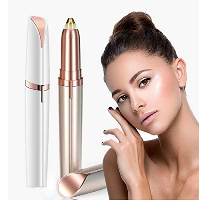 Woman with glowing skin beside rose gold trimmer, highlighting compact design and gentle hair removal for delicate areas