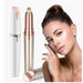 Woman with glowing skin beside rose gold trimmer, highlighting compact design and gentle hair removal for delicate areas