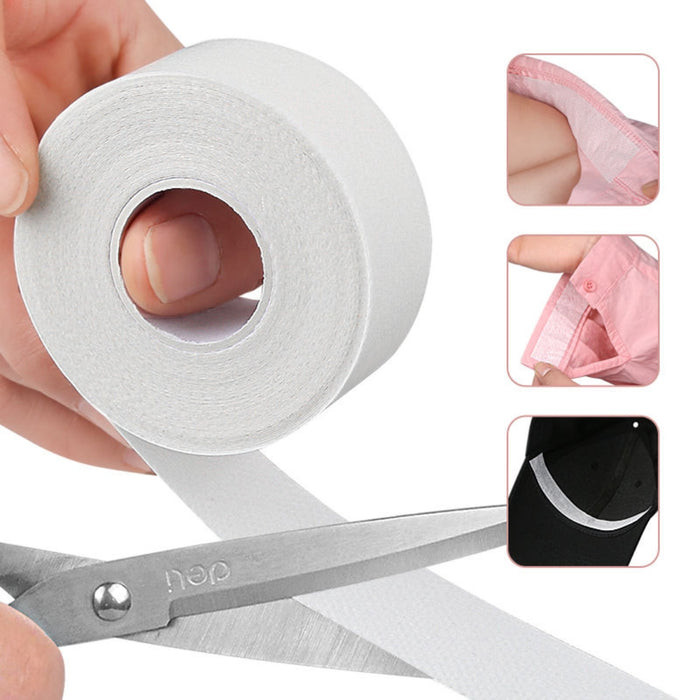 Collage showing the versatility of the sweat-absorbent tape being cut with scissors and applied to shirt collars, cuffs, and the inside of a baseball cap.
