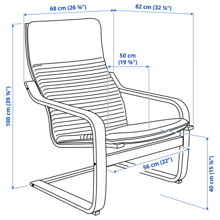 Measurement chart of a chair with dimensions labeled in centimeters