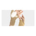 Person wearing beige gloves on a white background