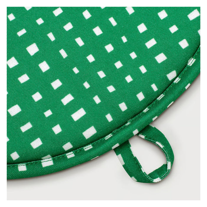 Green pot holder with white square pattern on a white background