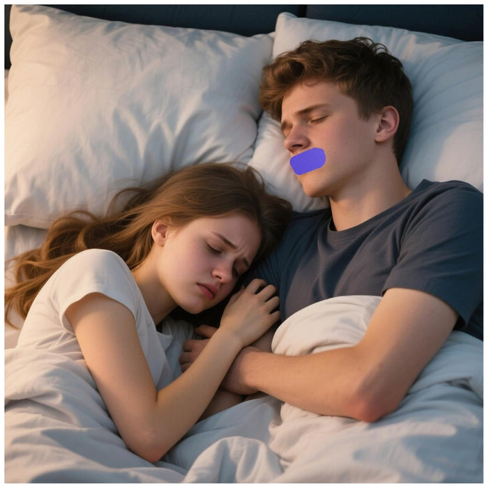 Couple sleeping peacefully in bed, with purple mouth tape applied to promote quiet, restful nights