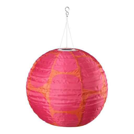 Pink and orange spherical paper lantern with a hanging hook on a white background