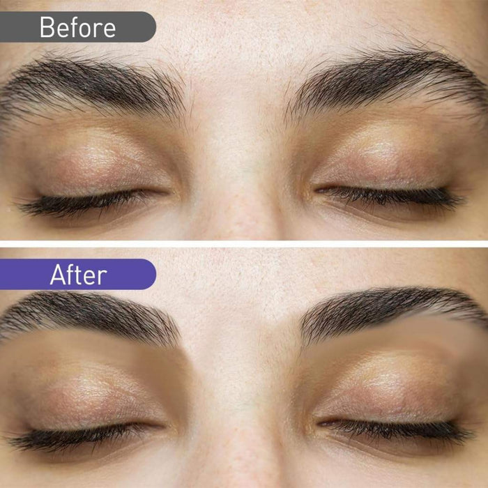 Before and after eyebrow grooming comparison showing defined shape improvement