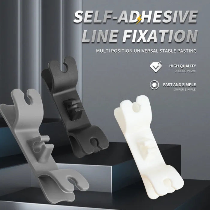 Self-adhesive line fixation tools with text on a dark background