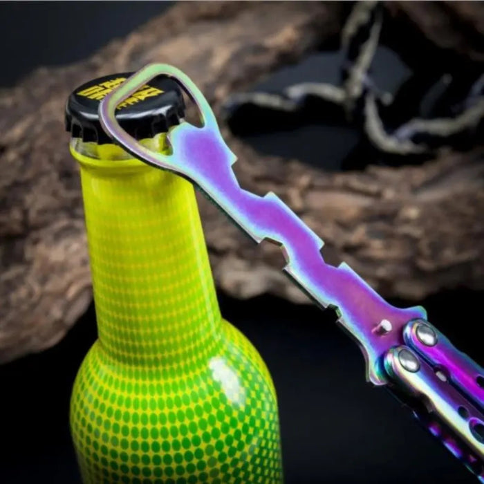Multicolored bottle opener on a yellow bottle with a blurred background