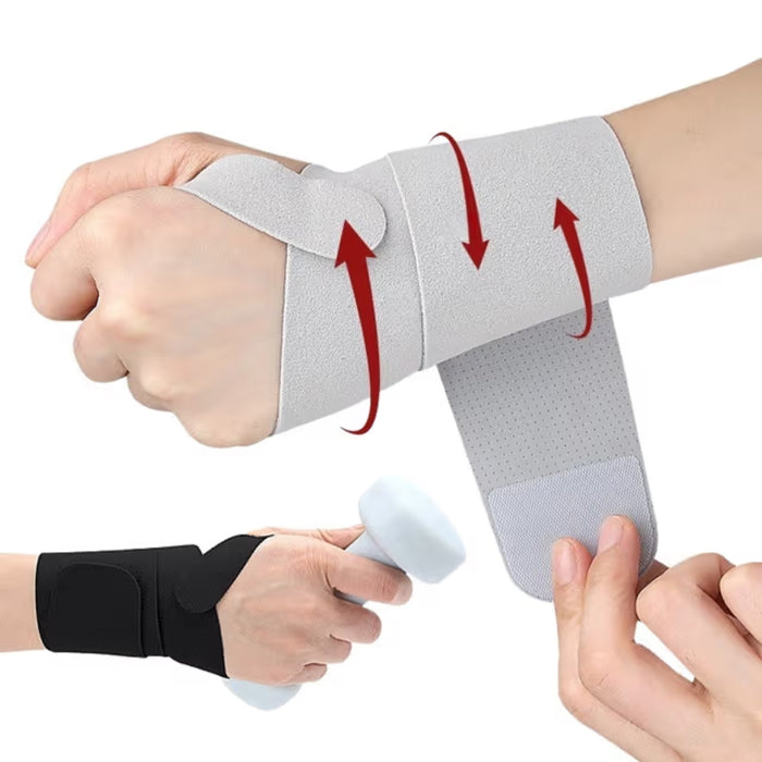  Wrist brace gray being wrapped around wrist with arrows showing application method