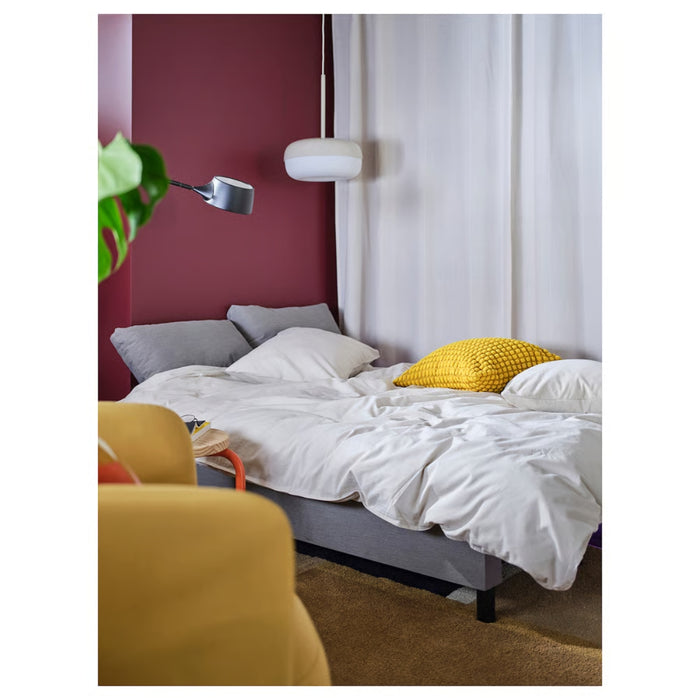 IKEA BLÅSVERK Pendant lamp, beige, 37 cm (15 "), placed above bed with white bedding and red accent wall - 10520905