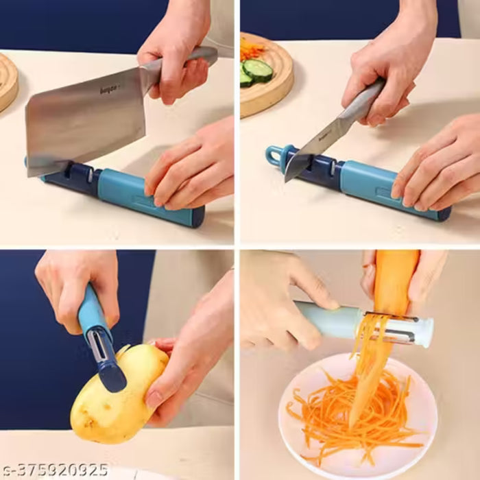 Multifunctional kitchen tool being used to cut and peel vegetables.