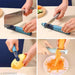 Multifunctional kitchen tool being used to cut and peel vegetables.