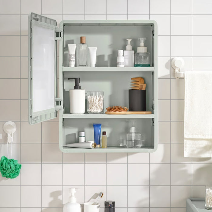 IVÖSJÖN mirror cabinet with 1 door, green, 44x15x59 cm. Open shelves with toiletries, mounted on tiled wall – ideal for compact bathroom storage – 20573173.