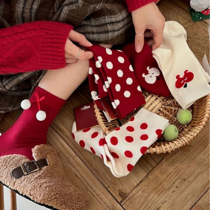 Digital Shoppy 1 Pair Red Angora Polka Dot Mid-Calf Christmas Stockings - Soft & Festive Wear