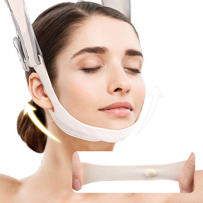 Digital Shoppy chin lifting strap worn with arrows showing tightening effect and elastic material inset