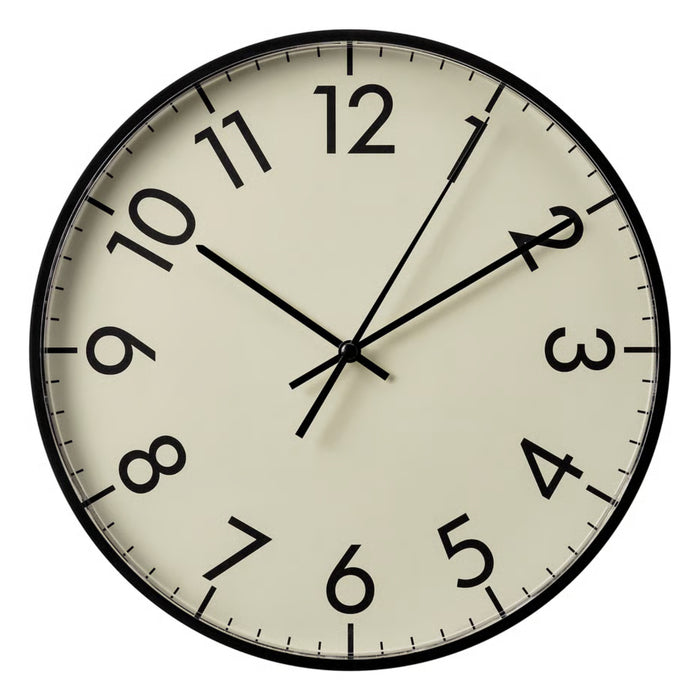 Round wall clock with black frame and beige face on a white background