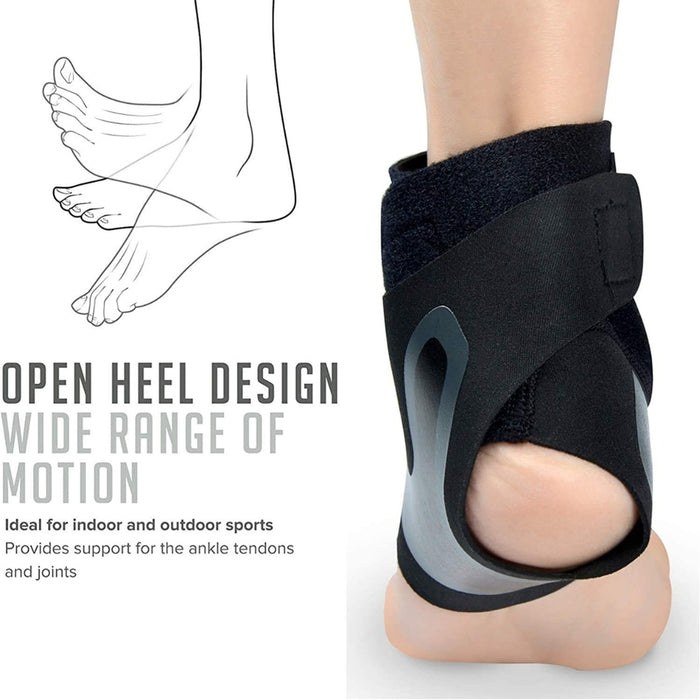 Black ankle brace with open heel design and motion diagram – supports tendons and joints while allowing wide range of movement – 1600007421317 13974239
