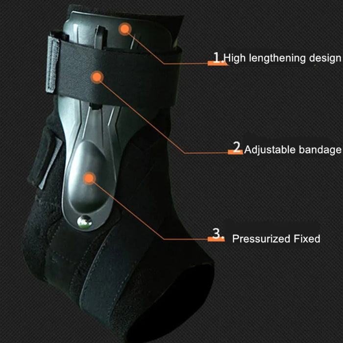 Black ankle support brace with features highlighted on a dark background