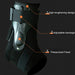 Black ankle support brace with features highlighted on a dark background
