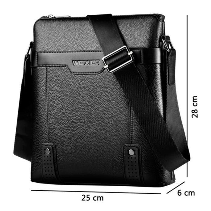 Black PU leather men’s messenger bag adjustable strap with metal buckle, and size markings: 28 x 25 x 6 cm – 477335 12798521.