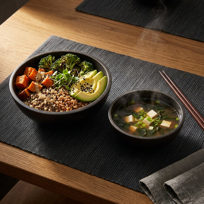 IKEA PINNLILJA Acacia Wood Serving Bowls Set of 2 with MÄRIT Black Placemat — Natural Elegance | Dining Table Upgrade