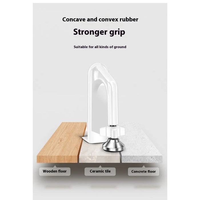 Anti-theft wedge-style stopper with concave and convex rubber base—positioned under doors on wooden flooring, ceramic tiles, and concrete surface; features grip-enhancing texture for secure hold on various ground types. Promo text reads: “Concave and convex rubber, Stronger grip, Suitable for all kinds of ground” – 1600003772922 13245865.