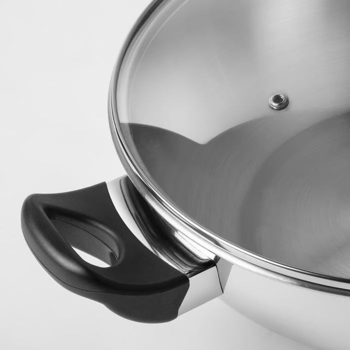 IKEA GULDSPARID Kadai wok with lid, 30 cm (12 "), shiny stainless steel surface with ergonomic black handle - 00601445