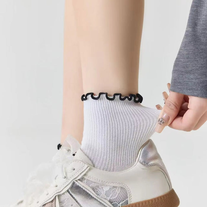 Digital Shoppy 1pair Women’s Knitted Thin Ruffle Crew Socks — Cotton Breathable Casual Spring Summer
