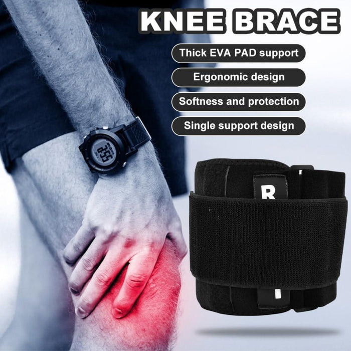 Promotional image of knee brace with red-highlighted pain area, labeled features: thick EVA pad, ergonomic design, softness, single support