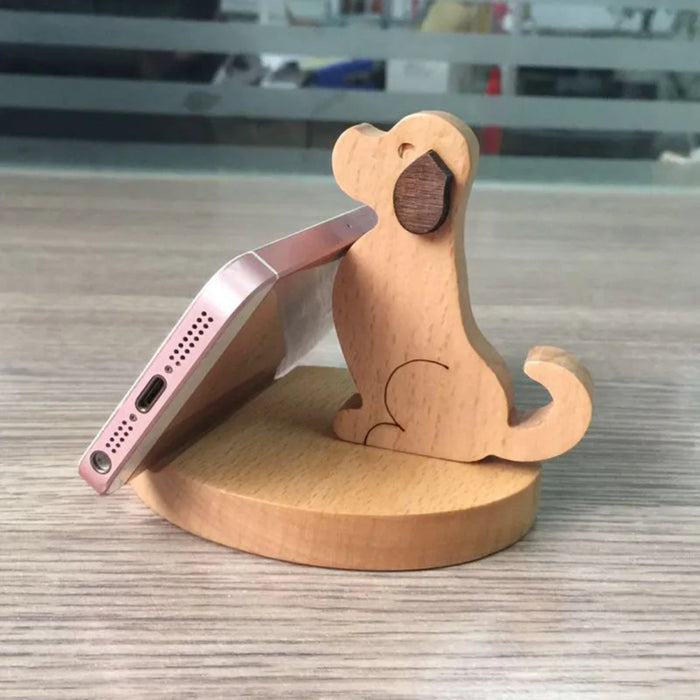 Digital Shoppy Wooden Phone Bracket, rose gold phone resting on puppy-shaped wooden stand – 1pc