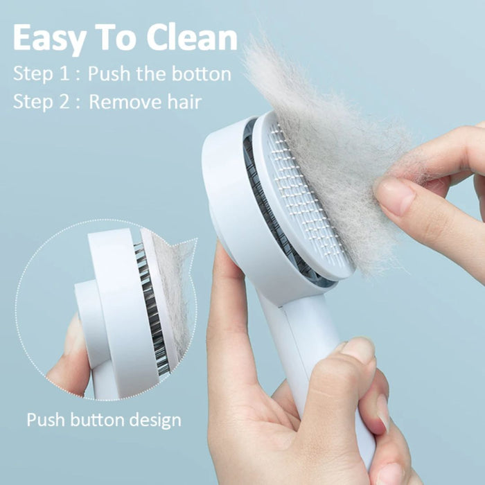 "Blue pet needle comb hair remover brush for dogs and cats with self-cleaning function. Features fine metal bristles for effective grooming and a massage effect. Push-button mechanism allows easy fur removal, as demonstrated in the image. The collected hair can be removed in one piece for hassle-free cleaning. Comfortable grip for effortless handling-
160000416583610096546