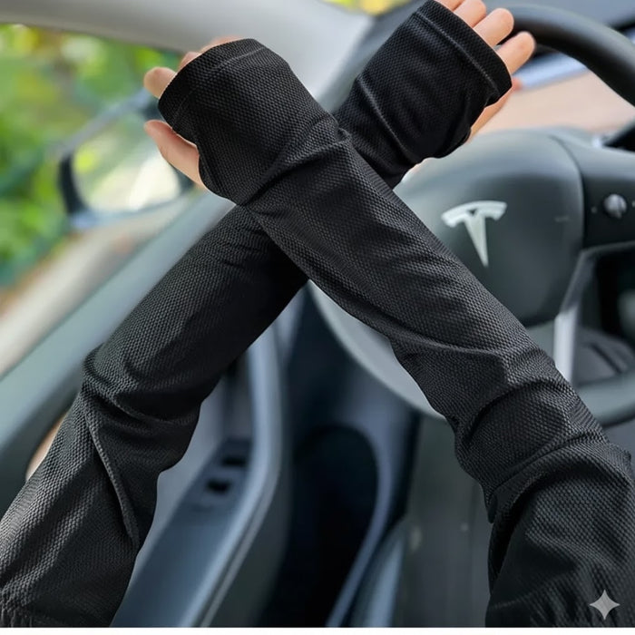 Close-up of athletic sleeves with reflective accents and secure fit, ideal for outdoor sports or long drives