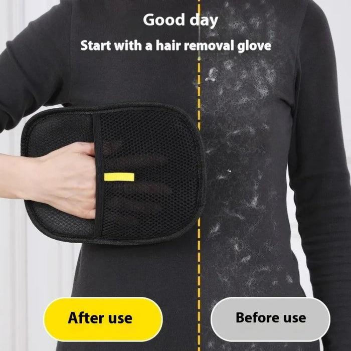 Person holding a hair removal glove with 'Good day' text, showing before and after effects on skin.