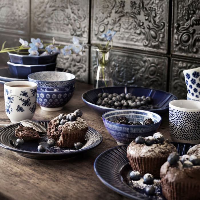 IKEA ENTUSIASM 14-Piece Tableware Set - Patterned Blue Bowls, Plates & Mugs