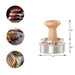 Metallic meat tenderizer with wooden handle and measurements on a white background