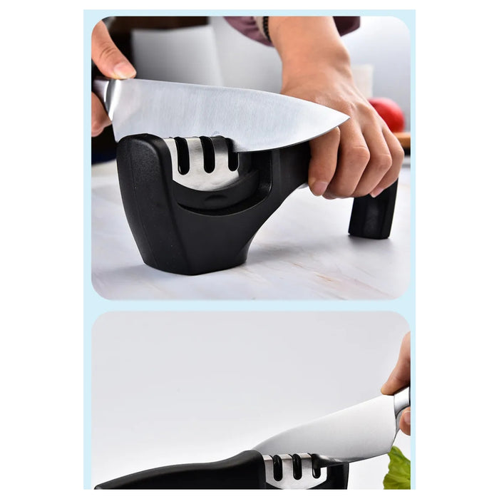 Person using a knife sharpener on a white background