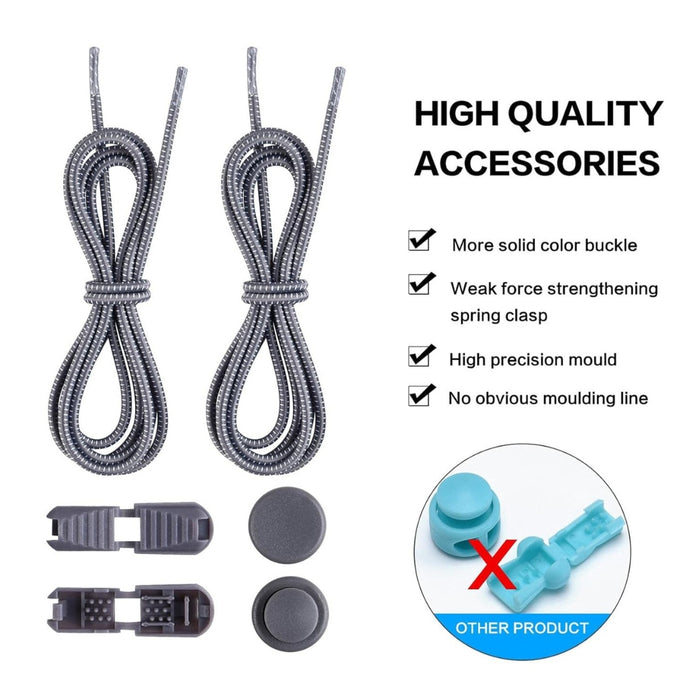 Digital Shoppy Set of black speckled elastic laces with spring clasps and end caps, highlighting quality features