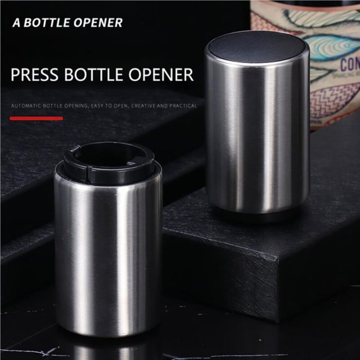 Two metallic bottle openers on a dark surface with text describing their features.