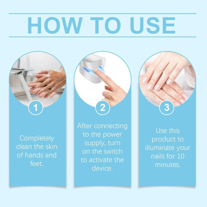 Step-by-step usage guide showing hand washing, device activation, and 10-minute nail illumination process