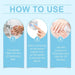 Step-by-step usage guide showing hand washing, device activation, and 10-minute nail illumination process