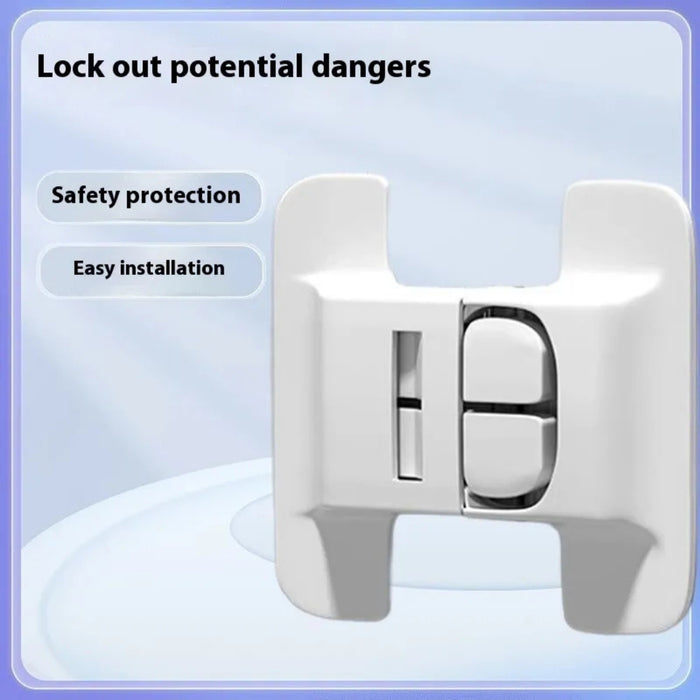 White safety lock mechanism with text on a light blue background