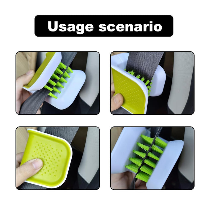U-shaped scrub brush – shown cleaning car seatbelt with dual-sided bristle action
