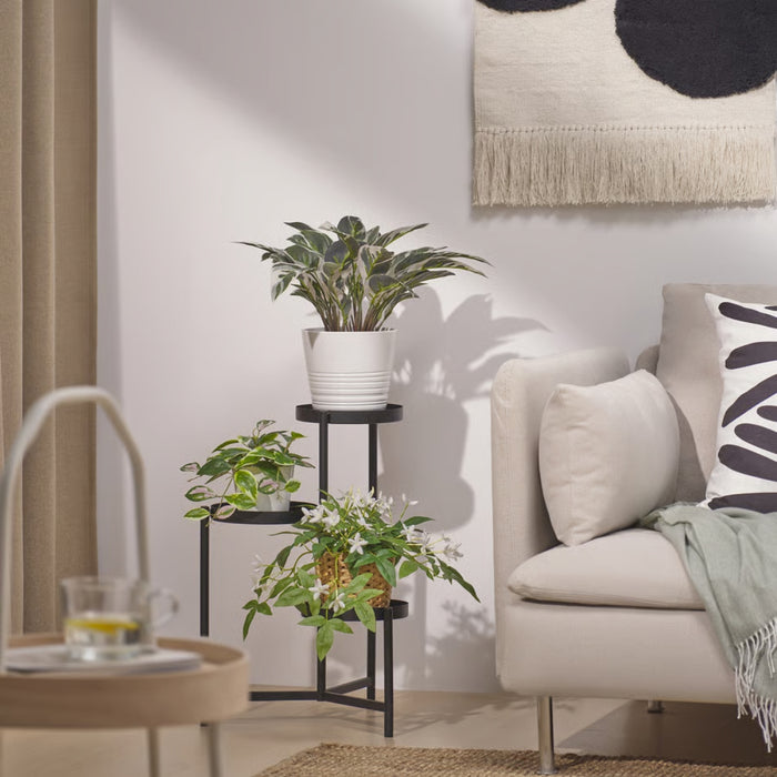 IKEA FEJKA artificial potted plant – multi-pot indoor arrangement with wax plant on metal stand and orchid beside - 90614226