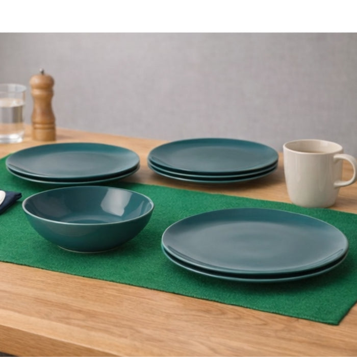 IKEA Dining Set: 4-Pack Glossy Dark Turquoise Plates, SNÖKRABBA Napkins & Dark Green Table Runner