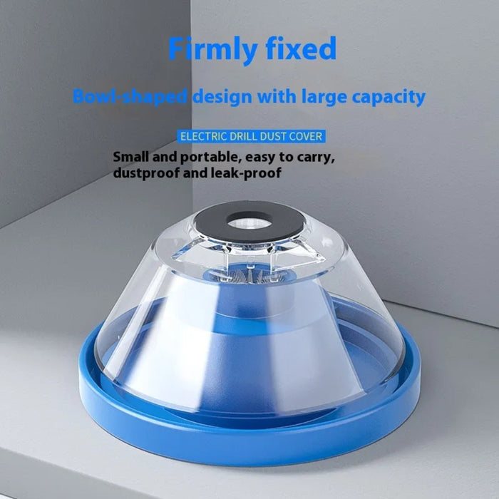 Electric drill dust cover in blue with transparent bowl-shaped design and black central opening—shown with promotional text highlighting features: “Firmly fixed,” “Large capacity,” “Small and portable,” “Dustproof and leak-proof.” Ideal for containing wall debris during indoor drilling – 1600006963727 13240327.