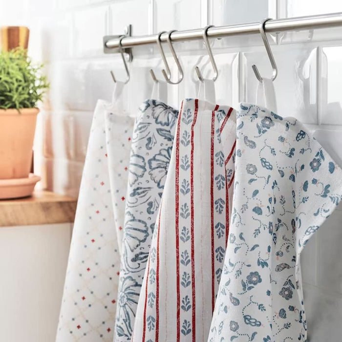 IKEA Kitchen Textiles Set: TORVFLY Orange Pot Holder, INAMARIA Patterned Tea Towels (4-Pack) & PÅLYCKE Clip-on Hook Rack