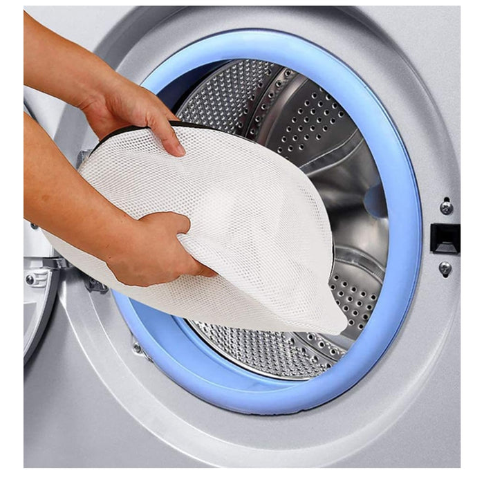 Digital Shoppy laundry bag – mesh pouch being inserted into front-load washing machine for safe laundering