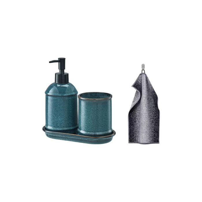 IKEA TVÅLSJÖN 3-Piece Stoneware Bathroom Set Blue with NYCKELN Hand Towel, White/Dark Blue, 40x70 cm (16x28)