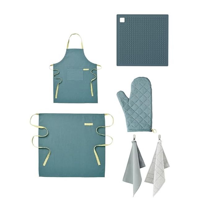 IKEA SANDVIVA Kitchen Textile Set (Pot holder, silicone 18x18 cm, Tea towel, blue 40x60 cm, Oven glove, Apron,Waist apron)